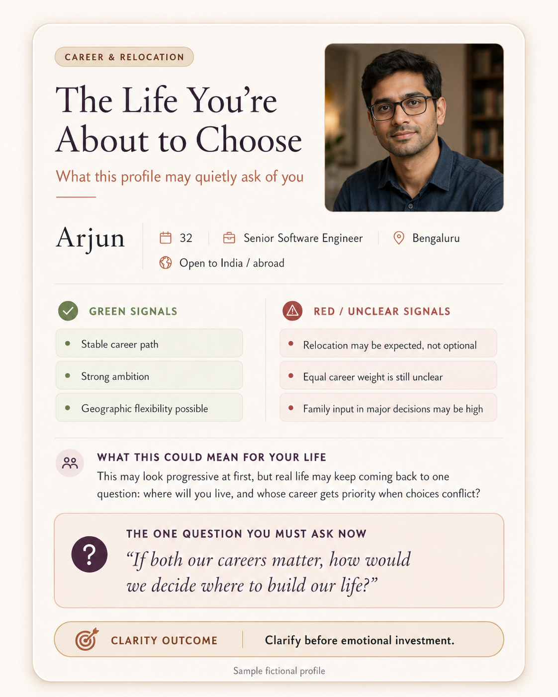 Sample biodata review card for Arjun covering career and relocation signals