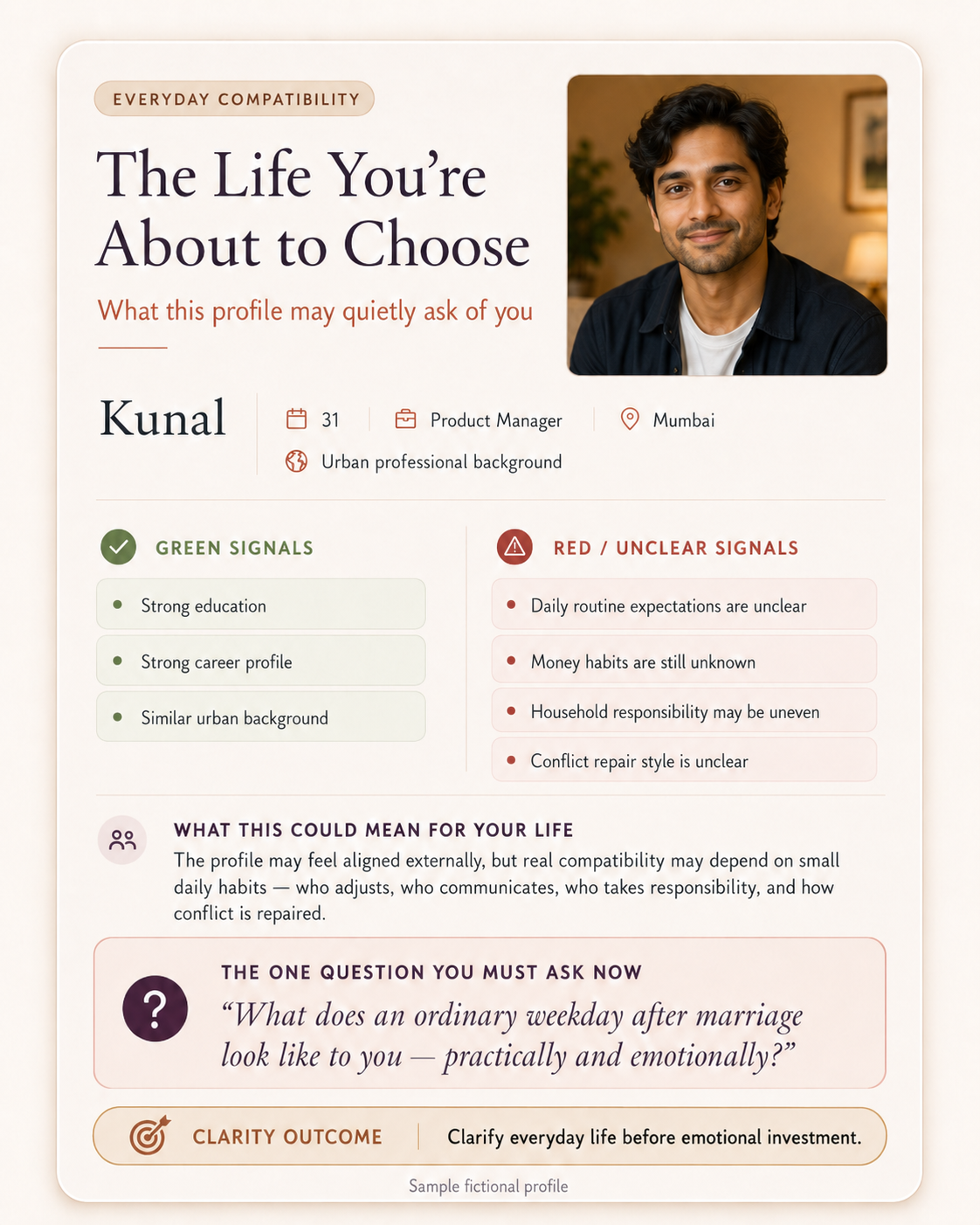 Sample biodata review card for Kunal covering everyday compatibility signals