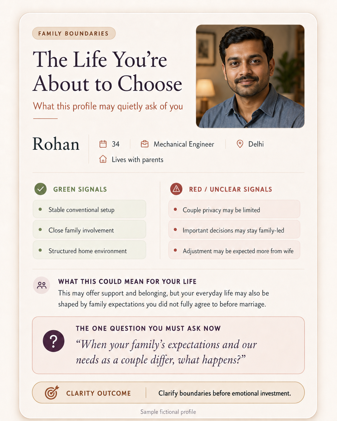 Sample biodata review card for Rohan covering family boundary signals