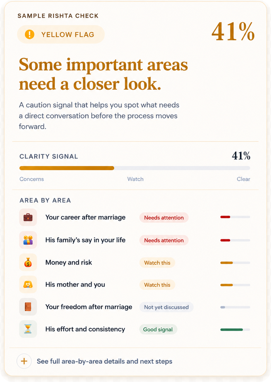 Sample Yellow Flag Rishta Check result showing 41 percent clarity signal.